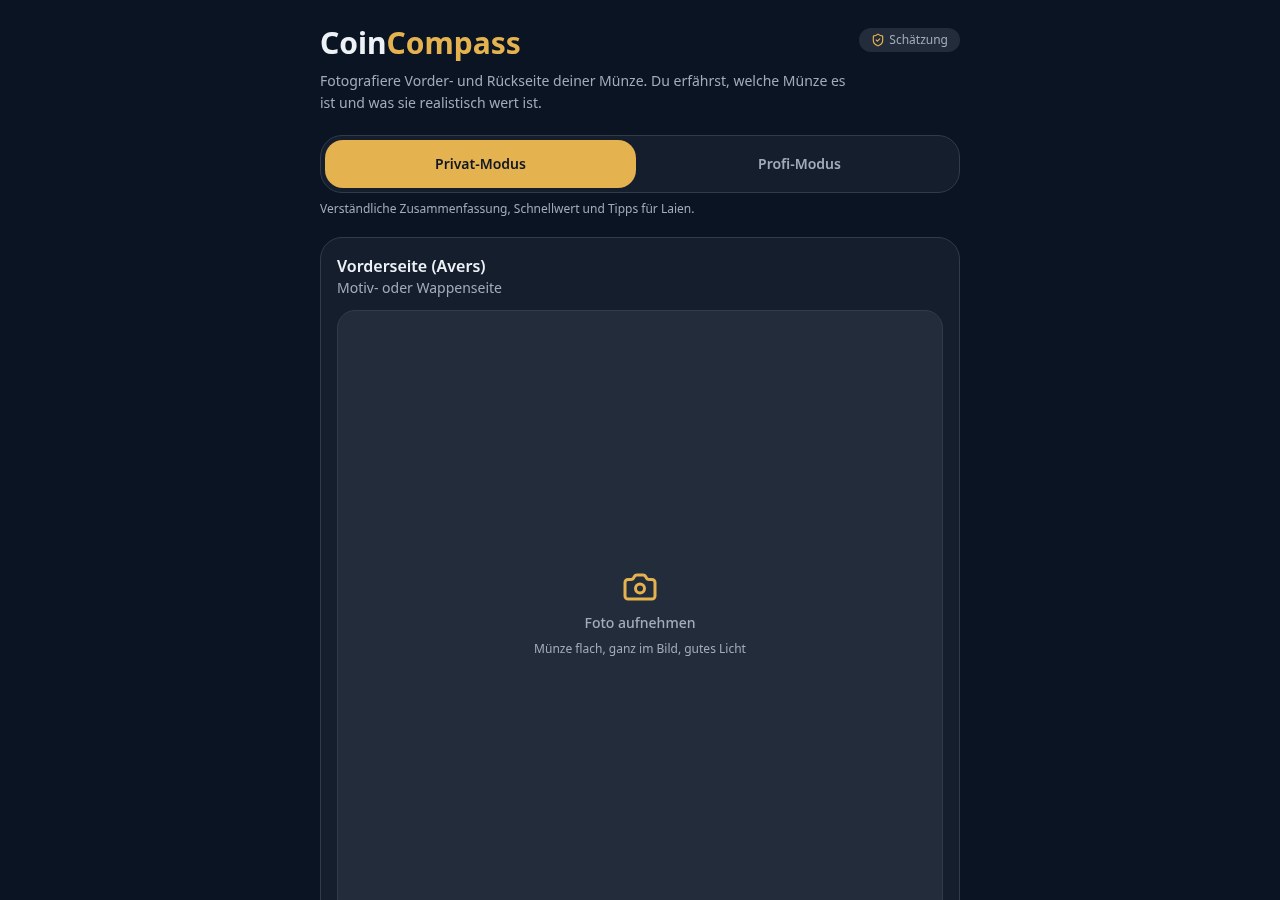 Screenshot der CoinCompass-Startseite