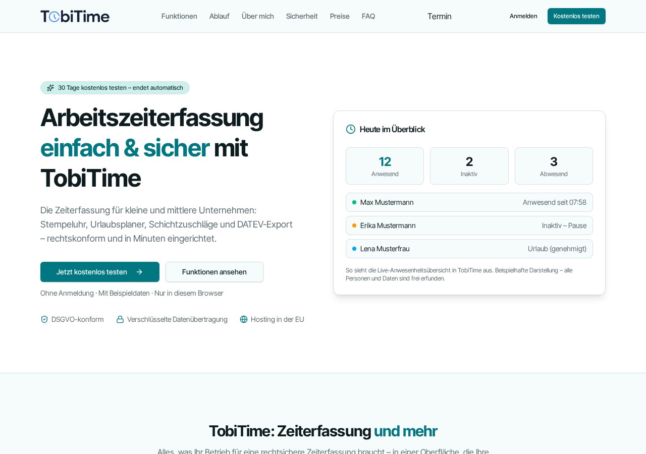 Screenshot der TobiTime-Landingpage